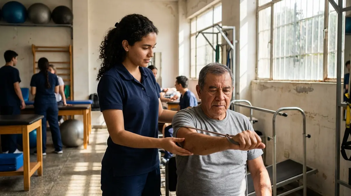 Fisioterapeuta en Colombia asistiendo a un paciente en una sesión de rehabilitación, demostrando la aplicación práctica de la carrera.