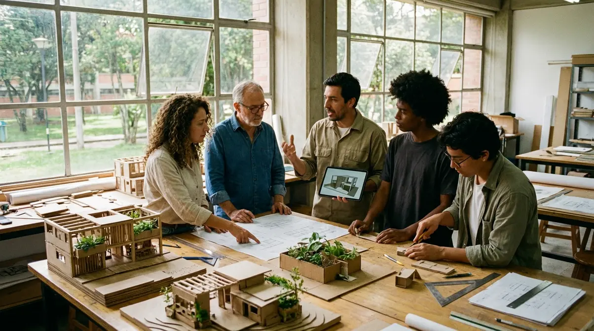 Estudiantes de Arquitectura colaborando en un proyecto en una universidad de Colombia.