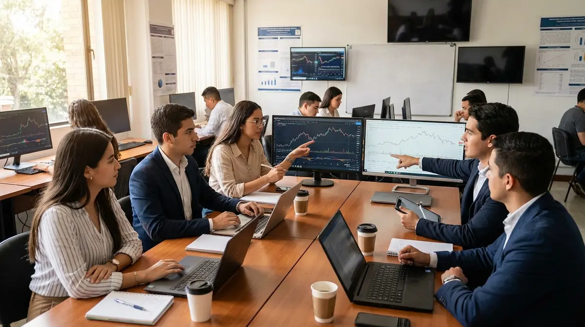 Estudiantes de Finanzas colaborando en un laboratorio financiero en Colombia.