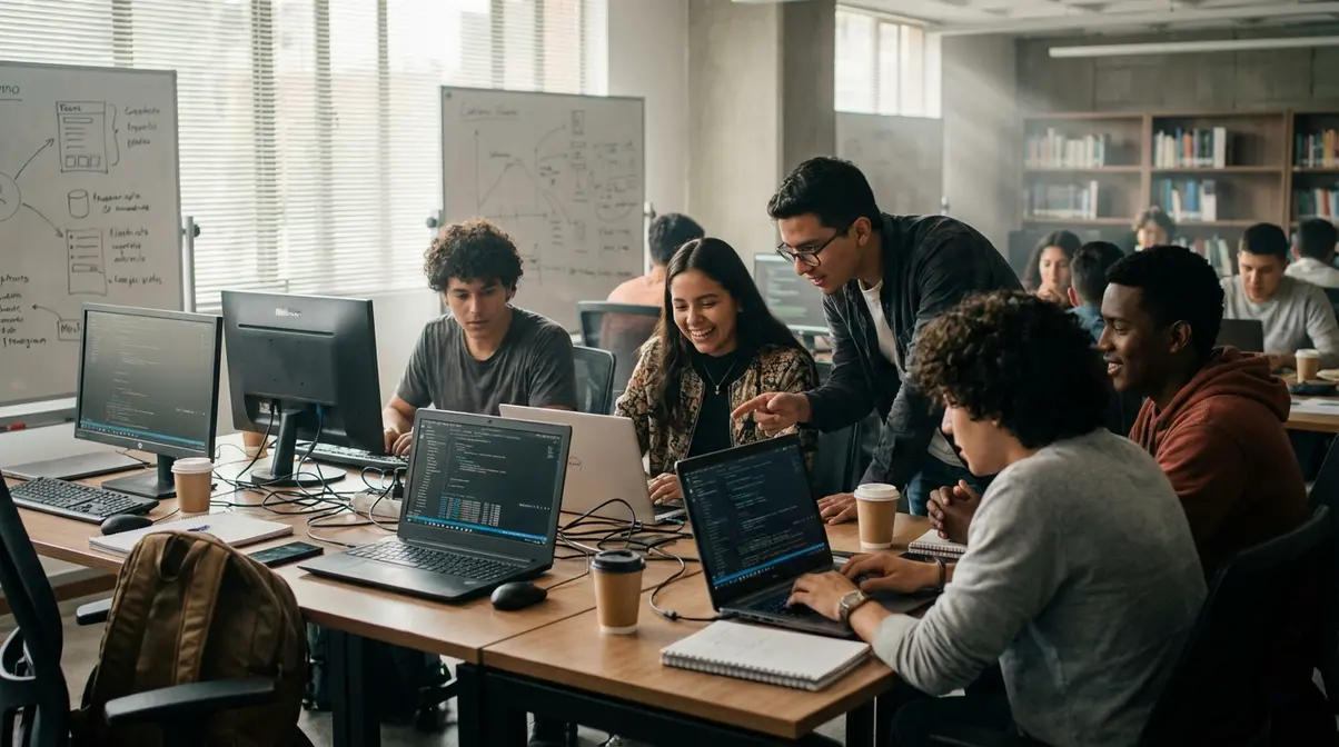 Estudiantes de Ingeniería de Software en Colombia colaborando en un proyecto