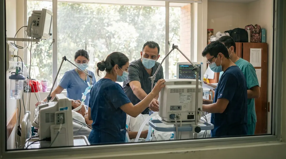 Estudiantes de Terapia Cardiorrespiratoria en una práctica clínica en Colombia.