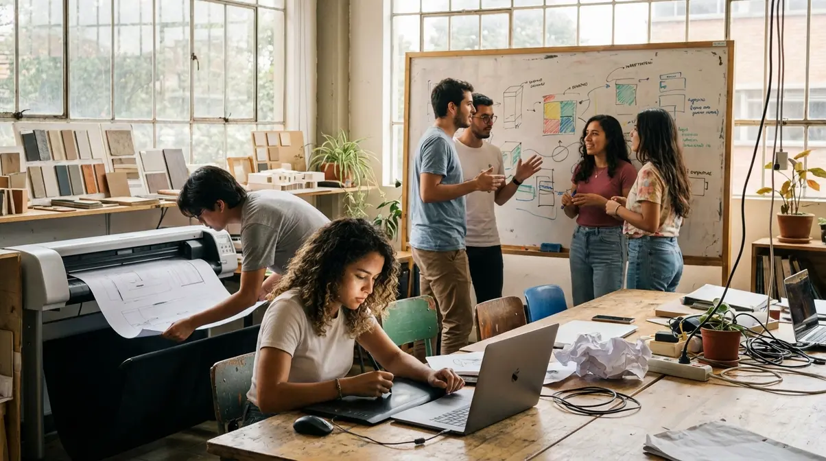 Estudiantes de Diseño Gráfico colaborando en un proyecto universitario en Colombia.