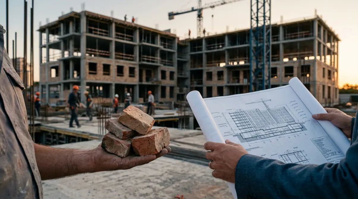 Metáfora visual de la construcción de una carrera: una mano con ladrillos sueltos (tutoriales sin estructura) y otra con un plano arquitectónico (Expert Path AI), con un edificio robusto en construcción al fondo, representando el desarrollo profesional autónomo.