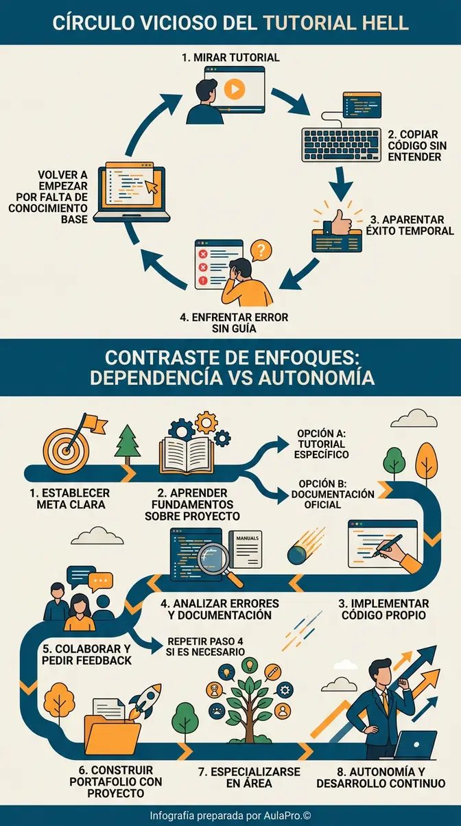 Diagrama de flujo que ilustra cómo escapar del Tutorial Hell, comparando el ciclo vicioso de la dependencia con el camino de 8 pasos hacia la autonomía profesional y el éxito.