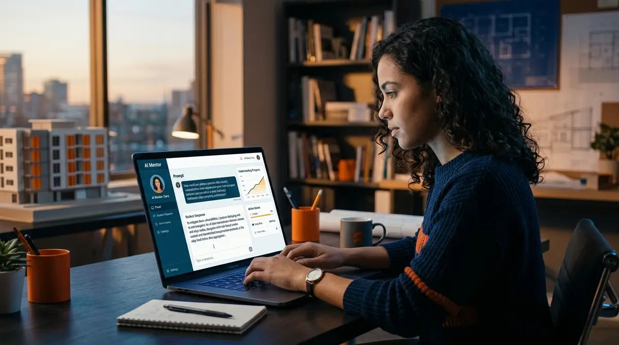 Full Stack Developer Intermediate: La Ruta Definitiva para el Éxito en 2026 Interfaz de usuario que simula una sesión de mentoría con una IA, donde un estudiante responde una pregunta de arquitectura de software para un desarrollador full stack y muestra un gráfico de progreso.