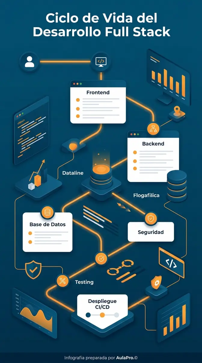 Full Stack Developer Intermediate: La Ruta Definitiva para el Éxito en 2026 Infografía del ciclo de vida del desarrollo para un Full Stack Developer Intermediate, mostrando los componentes clave como Frontend, Backend, Base de Datos, Seguridad, Testing y CI/CD de forma secuencial.