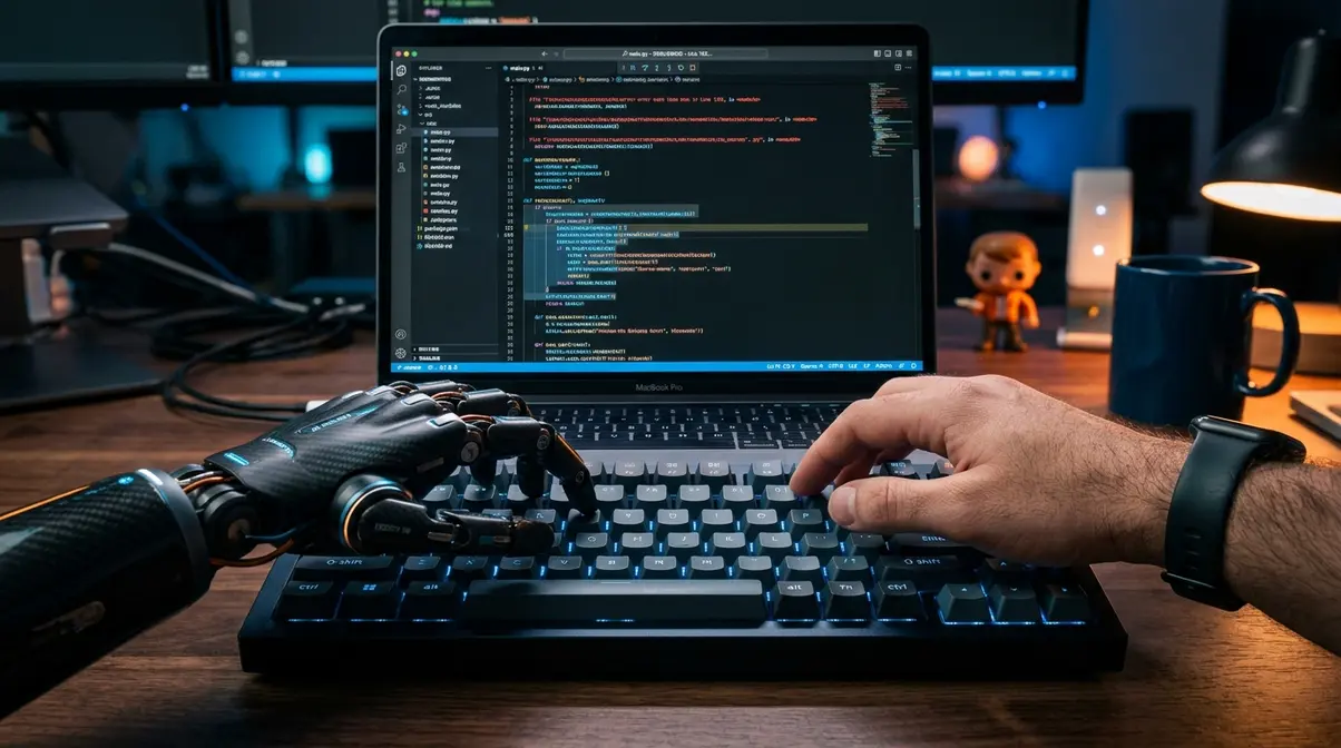 Roadmap Full Stack Developer 2026: La Ruta Definitiva y Estratégica para el Éxito Una mano humana y una mano robótica o con IA trabajando juntas sobre un teclado y una pantalla de código, ilustrando la colaboración entre un desarrollador y la inteligencia artificial para la depuración y refactorización de código.