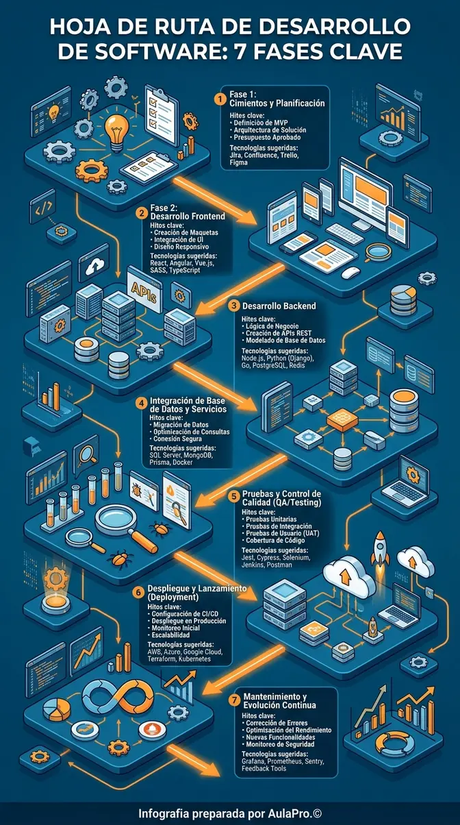 Roadmap Full Stack Developer 2026: La Ruta Definitiva y Estratégica para el Éxito Infografía detallada que presenta el roadmap full stack developer completo, dividida en 7 fases clave: Cimientos, Frontend, Backend, APIs, Bases de Datos, Testing, DevOps y el Poder de la IA Asistida, mostrando tecnologías y el flujo recomendado para el éxito.