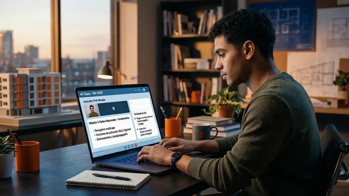Estudiante participando en una clase virtual de inteligencia artificial y ciberseguridad