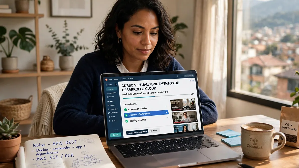 Mujer colombiana estudiando un curso virtual de tecnología desde casa