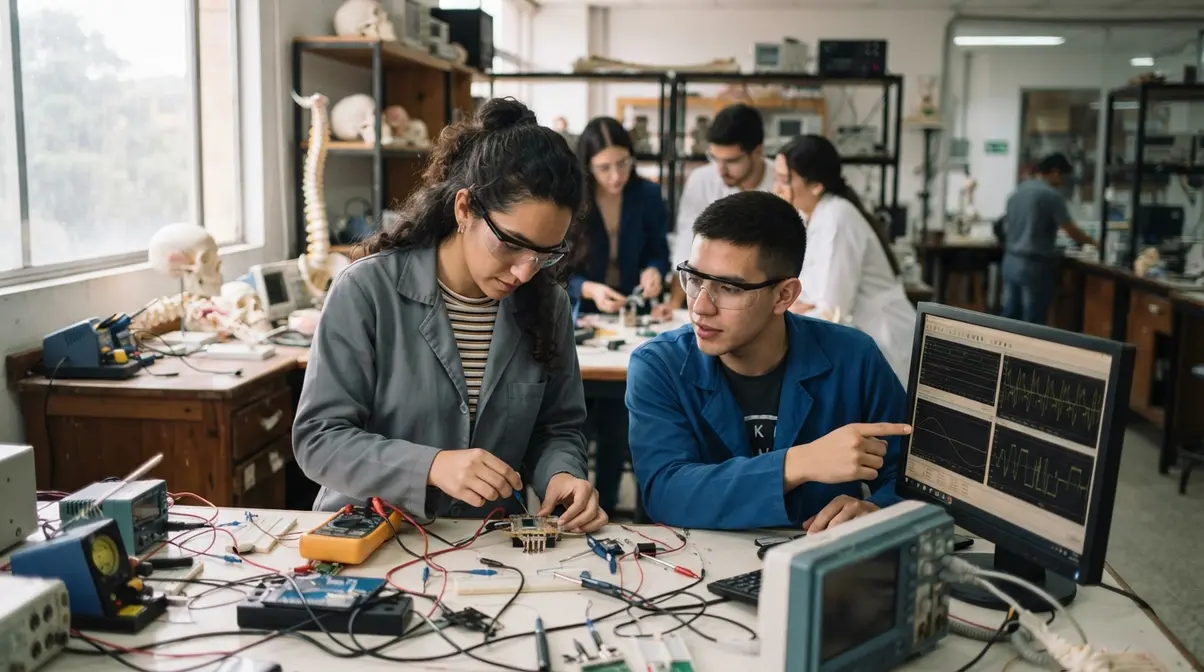 Dónde estudiar Ingeniería Biomédica en colombia (2026): mejores universidades, precios y duración Estudiantes y docentes de Ingeniería Biomédica en laboratorio universitario
