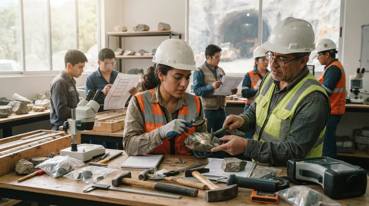 Estudiantes y profesionales analizando muestras geológicas en campo